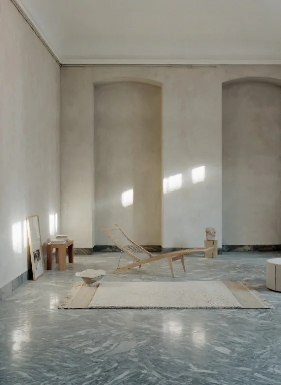 Linie Design Ethos View tæppe i beige i rum med buede vægge